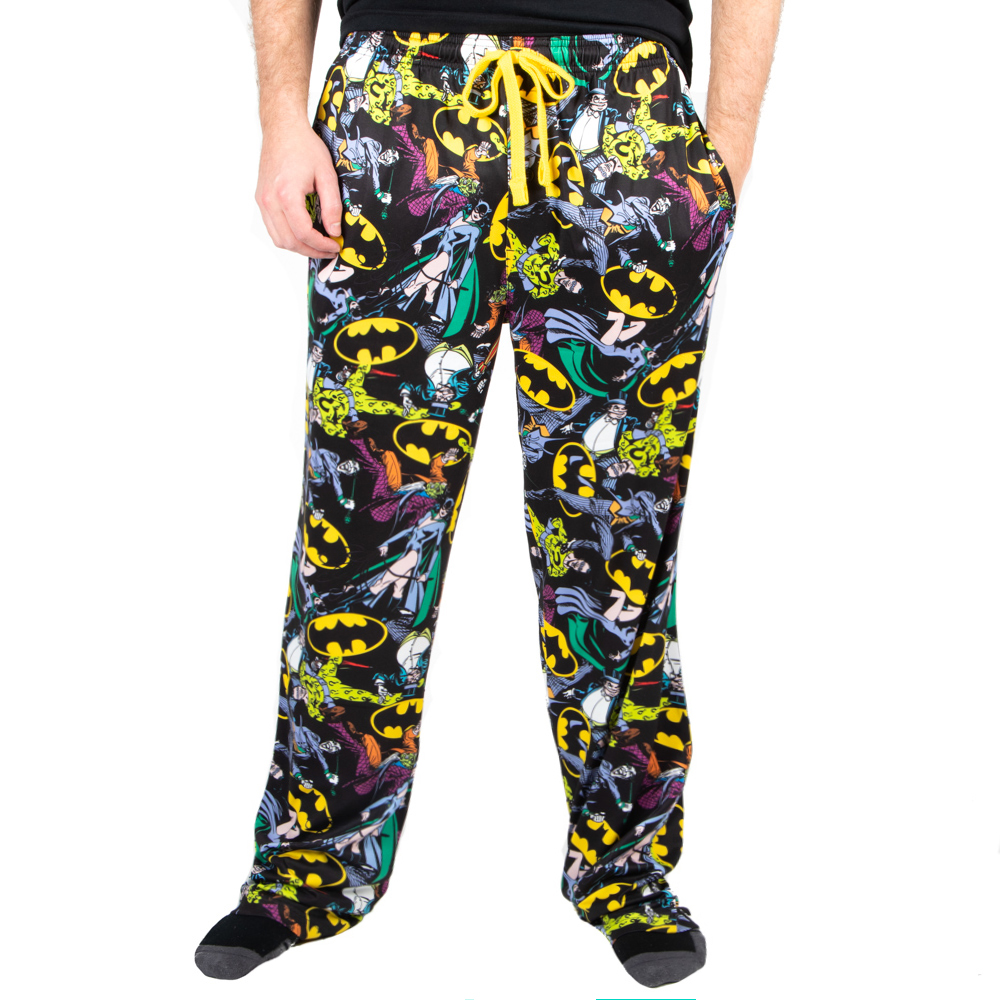 Batman Logos \u0026 DC Comics Characters All Over Print Mens Black Sleep Pajama Pants-M